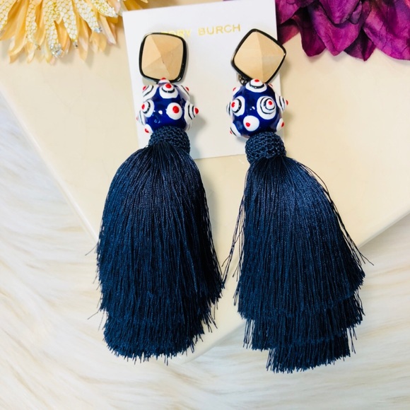 NWT  Tory Burch Navy Silk Tassel Clip-On Earrings - Picture 4 of 8